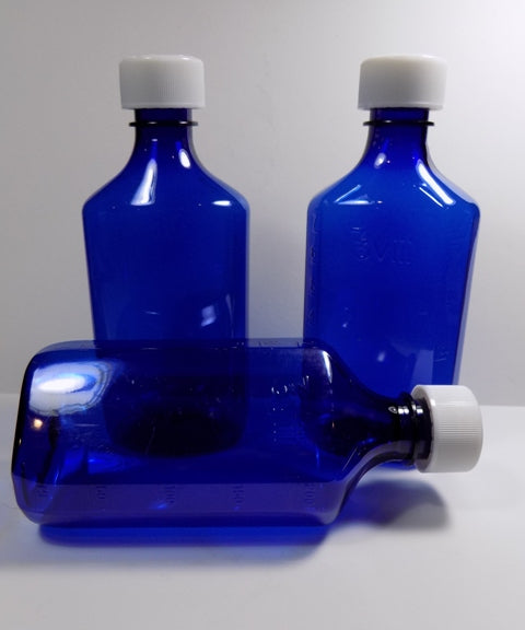 4 Ounce Graduated Oval Plastic Medical Bottles With CR Caps-Amber-Green, or Cobalt Blue-Case of 200